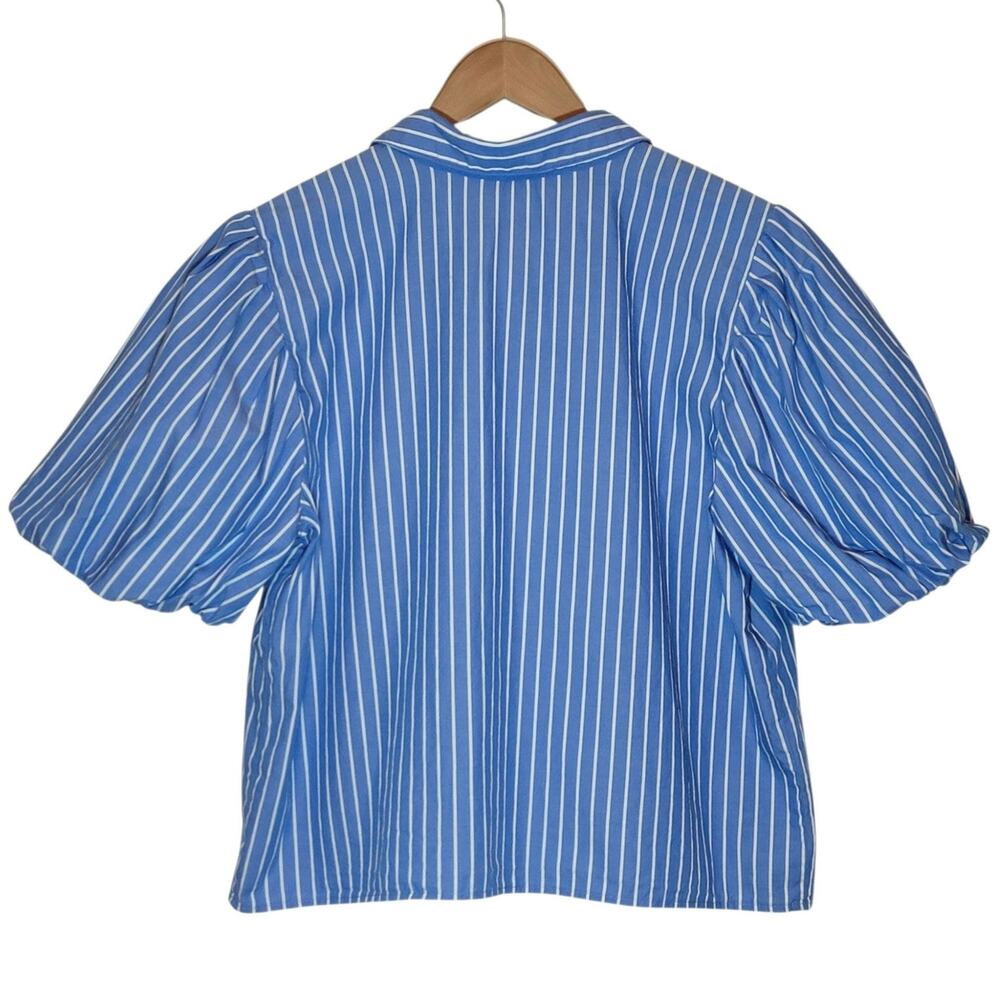 Ophelia Roe Striped Blue White Balloon Sleeve Button Front Cotton Shirt Blouse L - Picture 5 of 8